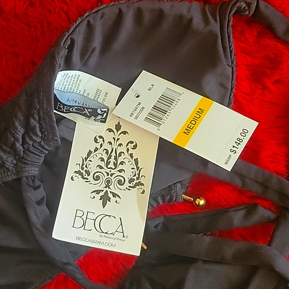 BECCA black swimsuit textured w/gold bull ring at chest plunge front hi legs NWT - Picture 7 of 9